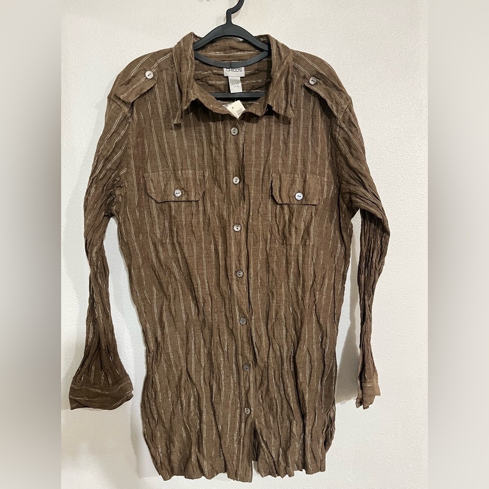 Chicos, crinkle, metallic stripes, Brown button down shirt, NWT Tunic Sz 3